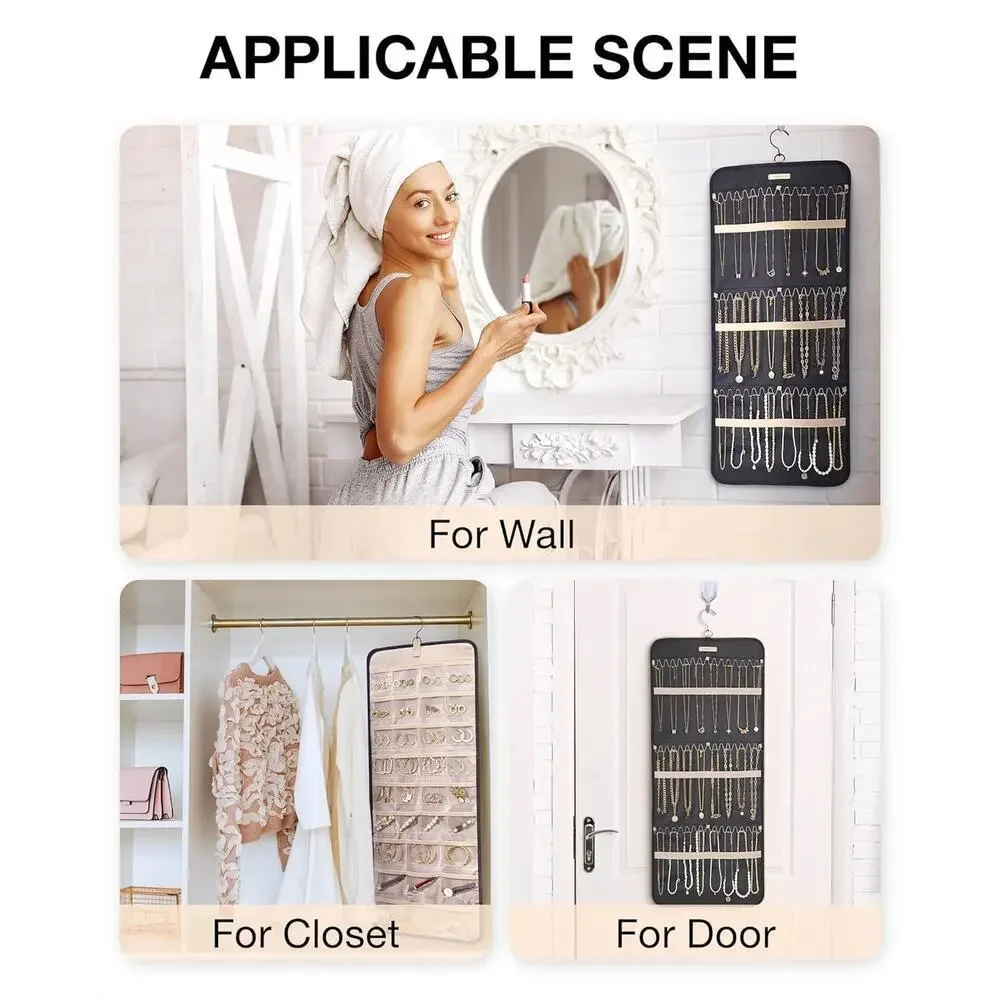 Jewelry Organizer Women Black Hanging Double Sided Closet Wall Storage Large